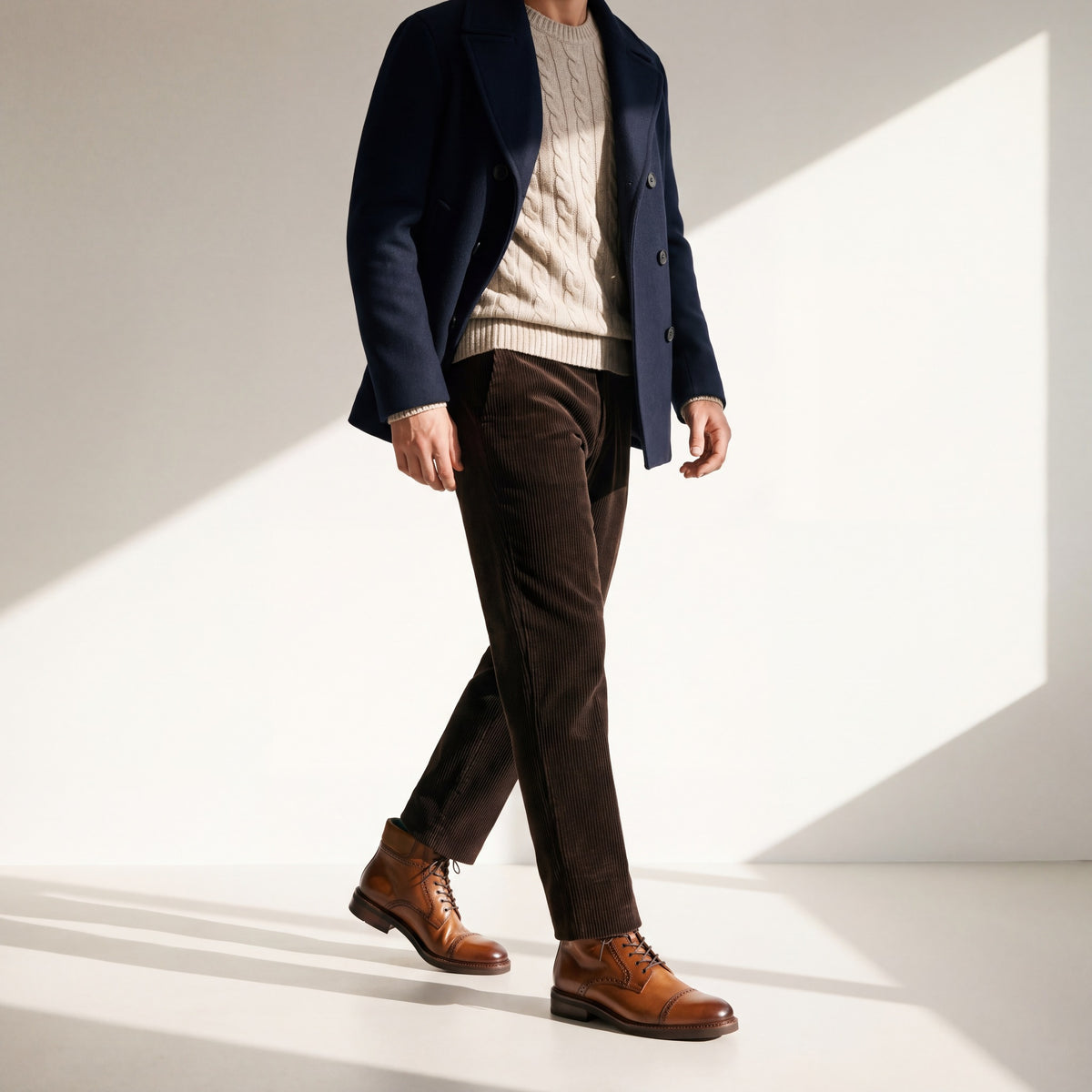 ODISEA natural puesta con peacoat azul marino y pantalón de pana chocolate