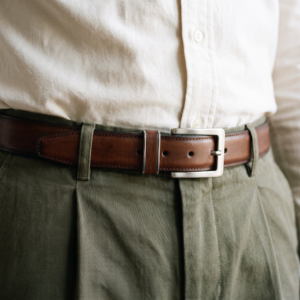 Cinturón Capital London puesto con camisa Oxford cruda y pantalón olivo de pinzas