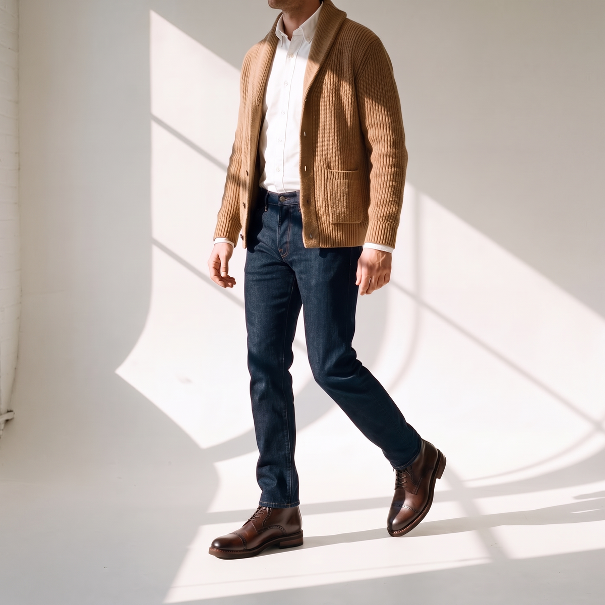 ODISEA London puesta con cárdigan camel, camisa oxford y jeans índigo