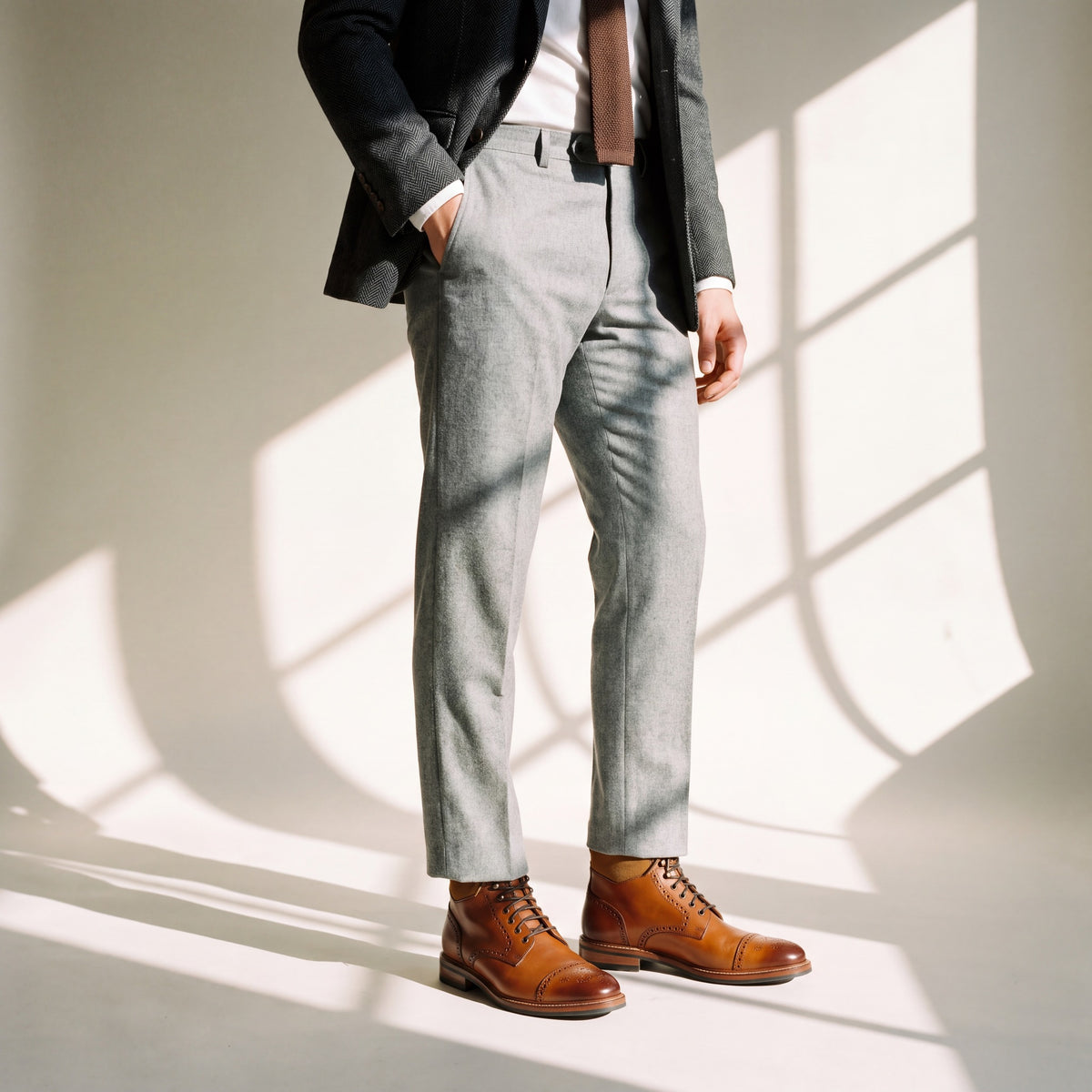 ODISEA natural puesta con saco de espiga, corbata tejida y pantalón gris