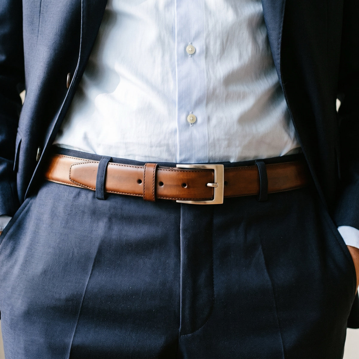 Cinturón Liso Café puesto con traje azul marino y camisa azul cielo