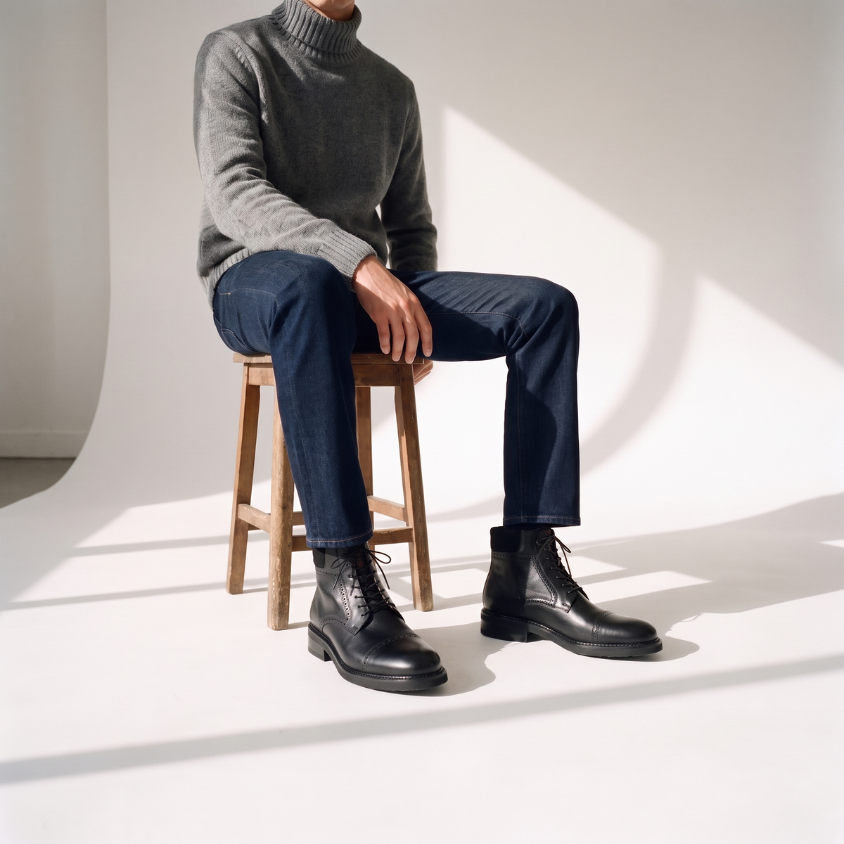 ODISEA negro puesta con cuello alto gris y jeans índigo
